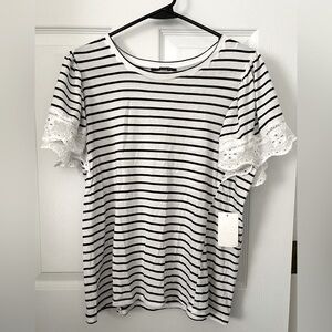 TTAHARI Blue Stripe Flare Sleeves with Lace Trim NWT Size L